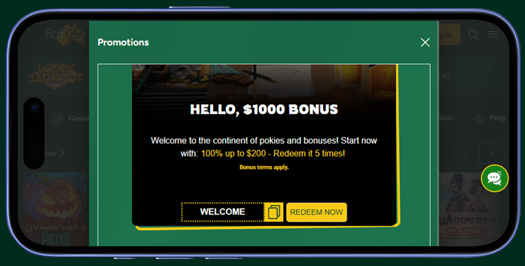 bonuses via the Fair Go Casino app