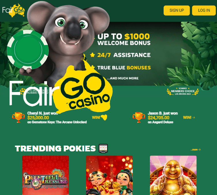 Fair Go Casino homepage with gaming options and promotions